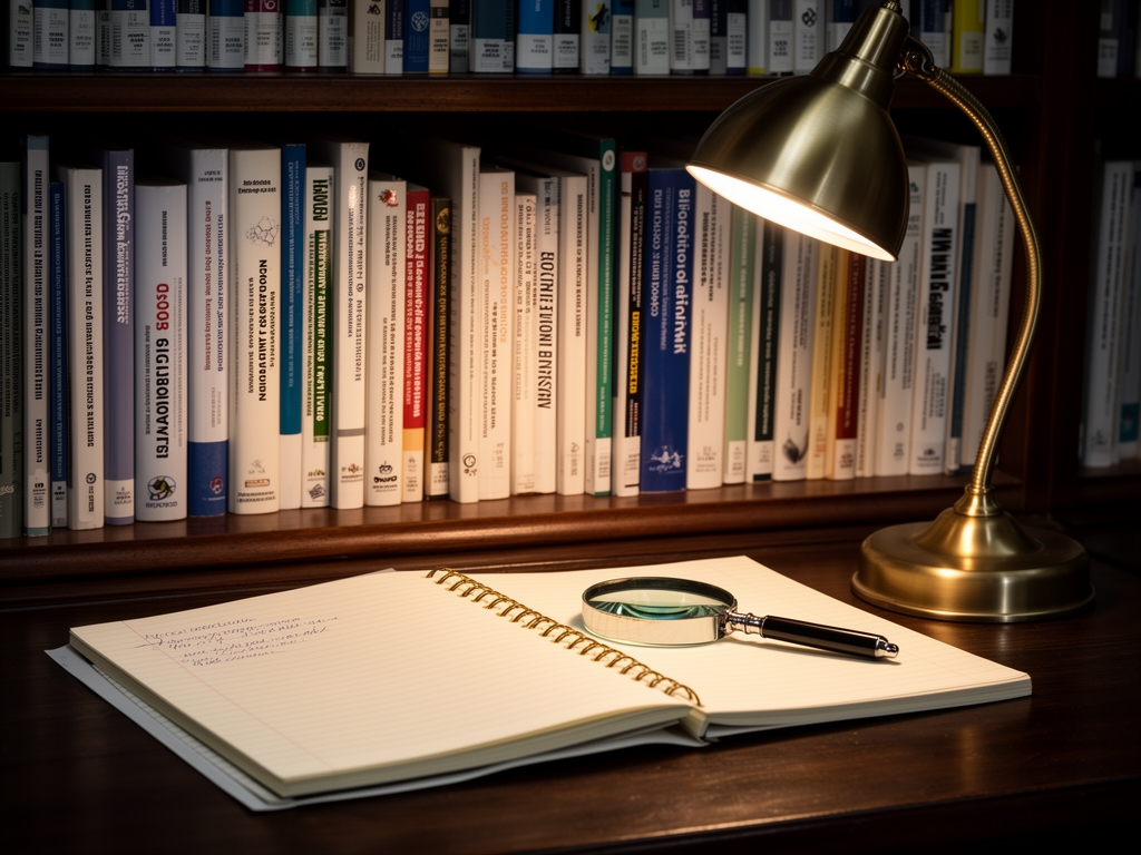 Estantería de biblioteca con libros científicos sobre nutrición y bioquímica, lupa de investigación y cuadernos de notas sobre escritorio de madera oscura con luz de lámpara de escritorio cálida