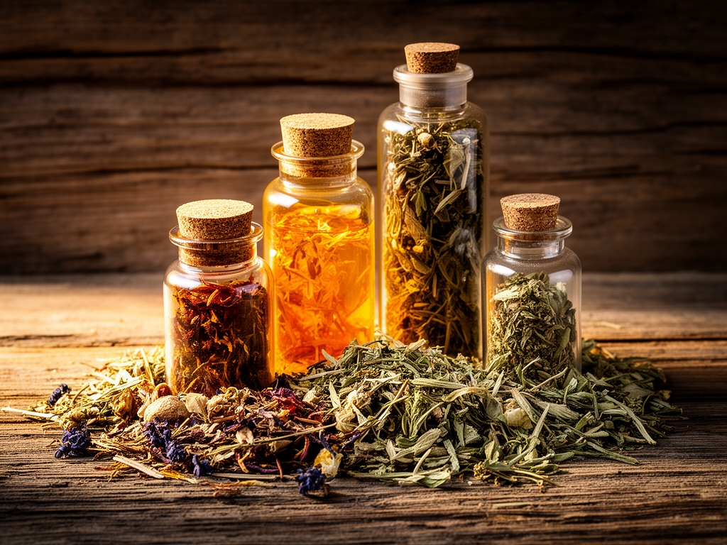 Plantas medicinales secas y extractos botánicos en frascos de vidrio transparente sobre fondo de madera envejecida con luz lateral cálida que resalta texturas naturales y colores ámbar