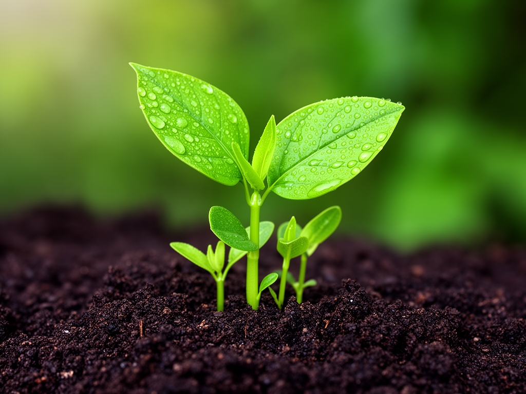 Brotes verdes frescos emergiendo de tierra oscura con gotas de agua sobre fondo natural, simbolizando crecimiento y vitalidad