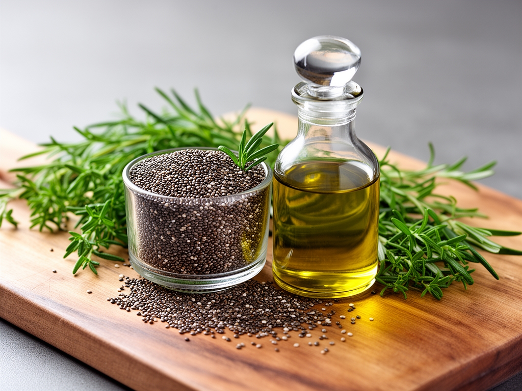 Recipiente con semillas de chía y aceite de oliva virgen extra en frasco de vidrio, sobre tabla de cortar de madera con hierbas frescas
