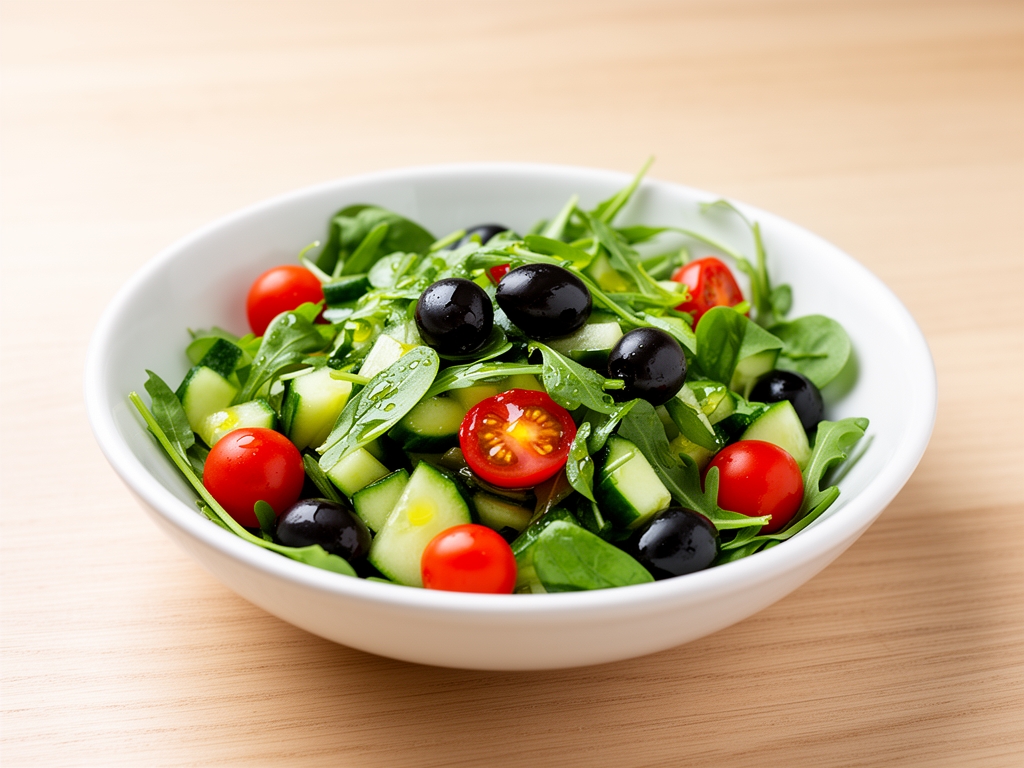 Tazón de cerámica blanca con ensalada mediterránea fresca: hojas verdes, tomates cherry, pepino, aceitunas negras y aderezo de aceite de oliva sobre mesa de madera clara